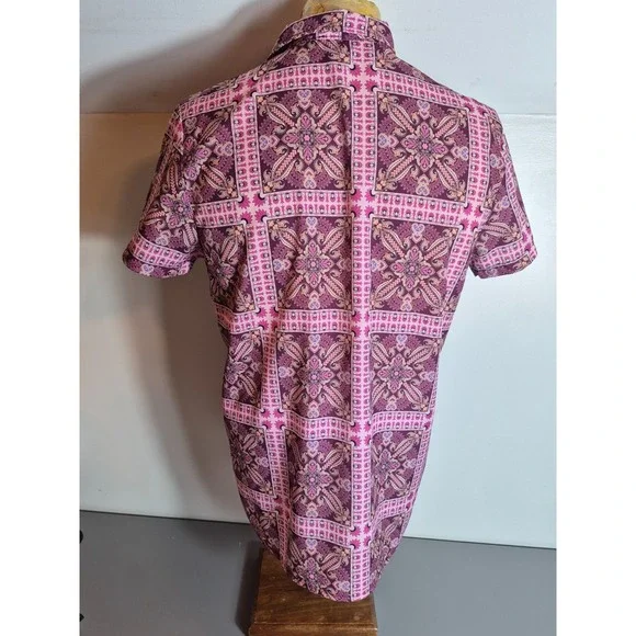 BooHoo Man Mens Short Sleeve Button-Up Shirt M Pink Burgundy Paisley Geometric - Picture 2 of 3